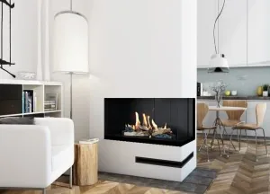 gotowy kominek narożny z szarego betonu architektonicznego w nowym budownictwie